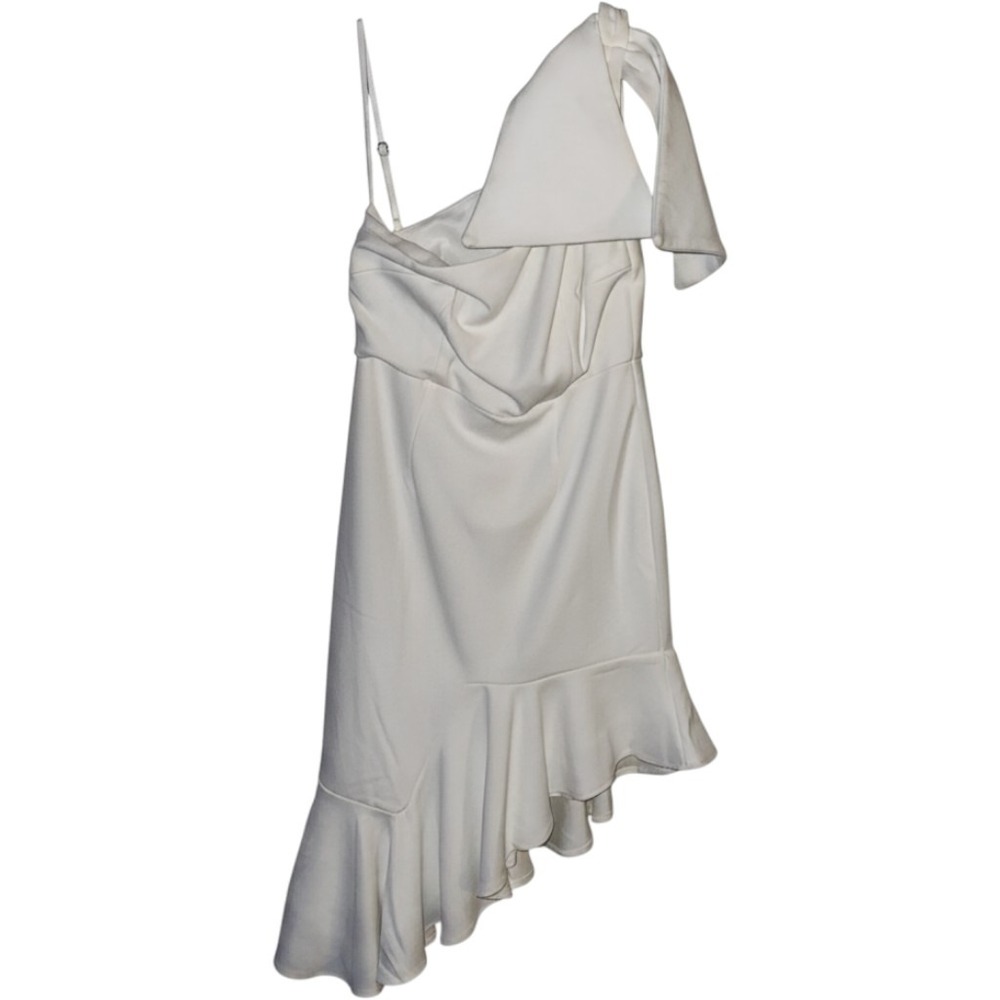 Selfie Leslie White One Shoulder Bow Mini Dress Ruffle Hem 26934K Size Large